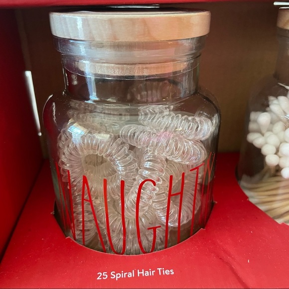 Rae Dunn NAUGHTY & NICE Spiral Hair Ties Cotton Swab Glass Jar Set NEW! - Picture 2 of 5